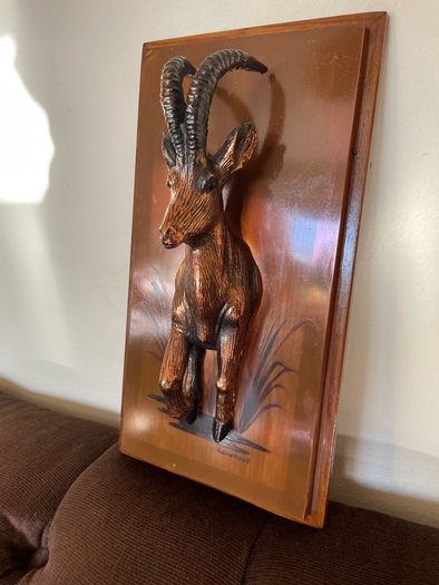 Rare Vintage Rhobard Rhonya Rhodesia Teak and Copper Sable Antelope Mounted Plaque
