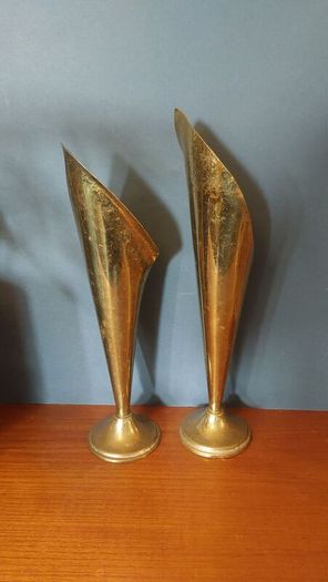 A Fabulous Pair of Rare Antique/Vintage Brass Arts & Crafts Style "Calla Lily" or "Trumpet" Vases with Hand-Beaten Repousse Finish  - Priced as a Pair, But Can be Sold Separately