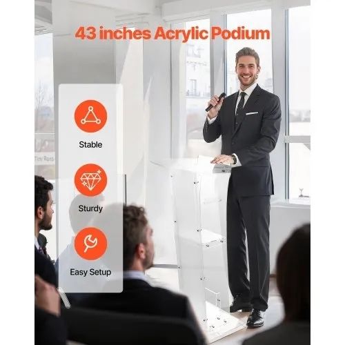 Podium Stand, 1100 mm Acrylic Lectern, Portable Laptop Desk with Wide Reading Surface and Storage Shelf, Book Stopper, Floor-Standing, for Classroom