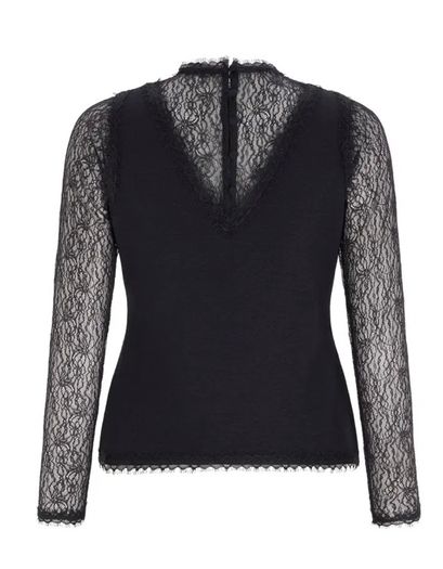 Mint Velvet - Black V Neck Top with Black Lace Sleeves and Neckline Size Medium