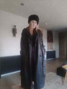 womans black faux leather trench coat