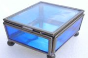 Vintage blue and clear etched flowers Brass trinket box , glass jewelry box