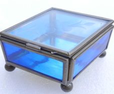 Vintage blue and clear etched flowers Brass trinket box , glass jewelry box