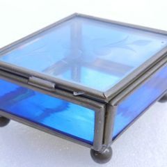 Vintage blue and clear etched flowers Brass trinket box , glass jewelry box