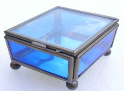 Vintage blue and clear etched flowers Brass trinket box , glass jewelry box