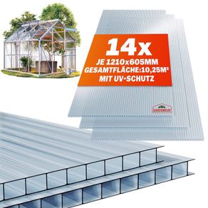 14 x Polycarbonate  UV-Resistant, Transparent, Double Wall Sheets, Greenhouse Sheets   Hollow Chamber Sheets - 4 mm Thick