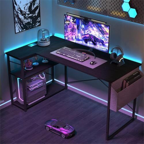 L Shaped Gaming Desk, 100x70 cm Computer Desk with Storage Bag, Office Desk Small Writing Table with Large Reversible Storage Shelves, Workstation for Study Play Work Home Office, Black
