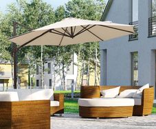 3M Roma Umbrella Sun Shade Cantilever Hanging Parasol w/ Cross Base Hand Crank Aluminium Frame 360 Rotation - Beige