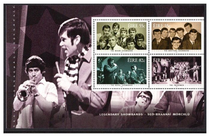 2010 Ireland Legendry Showbands showing picture of The Freshman Showband (Stamps of The Miami Showband, The Drifters Showband, The Royal Showband & The Freshman ) Commemorative Stamp Booklet Pane  Mint Never Hinged (MNH). Hibernian HP197.