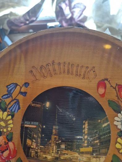 Vintage Wooden Dortmund Hanging Plate | 1960s Hand Painted Wood Burned Plate