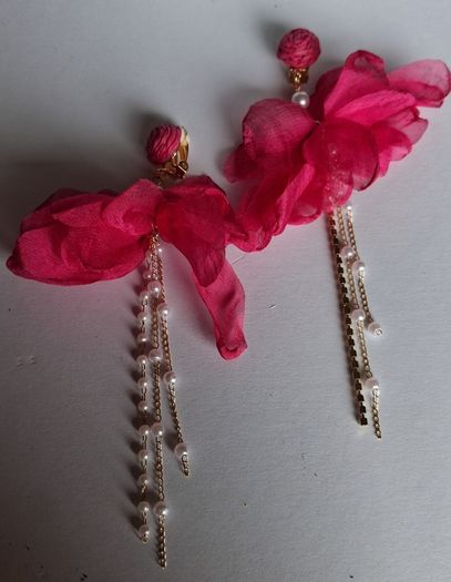 Fuchsia Pink Clip On Tassel Chain Crystal & Pearl Earrings