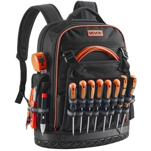Tool Backpack, 64 Pockets, Heavy-duty Tools Storage Organizer Work Bags with Laptop Compartment & Molded Base, Electrician Jobsite Backpack for Electrician, Repairman, and HVAC Techs