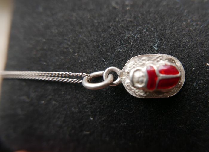 Vintage Sterling silver 925 scarab beetle necklace, Scarab beetle pendant with red enamel, Enamel necklace, Scarab jewelry 3,4g length - 16"