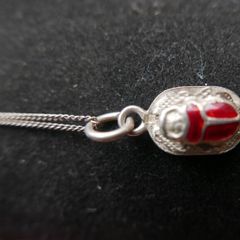 Vintage Sterling silver 925 scarab beetle necklace, Scarab beetle pendant with red enamel, Enamel necklace, Scarab jewelry 3,4g length - 16"