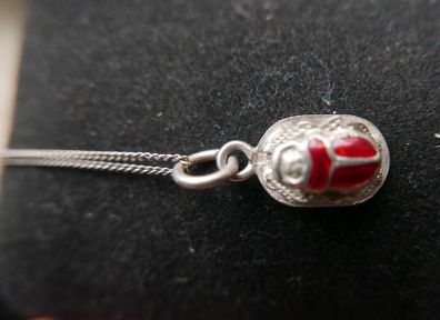 Vintage Sterling silver 925 scarab beetle necklace, Scarab beetle pendant with red enamel, Enamel necklace, Scarab jewelry 3,4g length - 16"