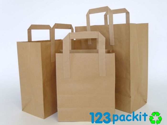 Lot of 20 pcs SOS carrier bags Eco Friendly Brown flat tape handles Size Medium 26x13x31 cm / 10x5.1x12.2 inches Excellent for shop, retail, kraft, home baking, gifts, art shops