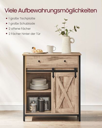 Cabinet with Sliding Door Storage Cabinet, Kitchen Cupboard with Sliding Door, Open Compartment, Adjustable Shelf, Industrial, for Hallway, Living Room, Kitchen, Study, Vintage Brown-Black,