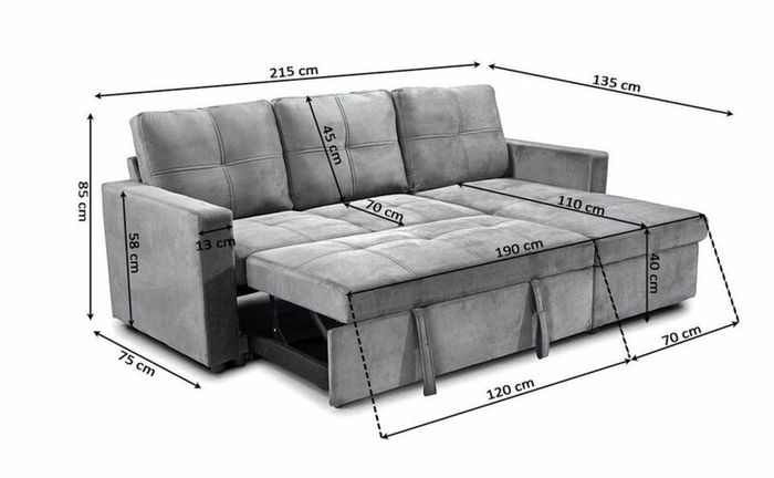 Grey velvet Corner Sofa Bed with Storage 215cm