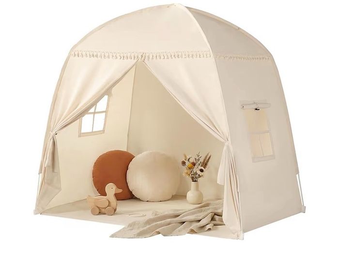 Children's Play Tents Large -Canopy Bed Toddler Double Single for Boys & Girls - Baby Floor Playhouse Inside Sleeping for Playroom Gift Toys (Cream