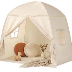 Children's Play Tents Large -Canopy Bed Toddler Double Single for Boys & Girls - Baby Floor Playhouse Inside Sleeping for Playroom Gift Toys (Cream