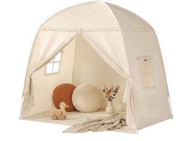 Children's Play Tents Large -Canopy Bed Toddler Double Single for Boys & Girls - Baby Floor Playhouse Inside Sleeping for Playroom Gift Toys (Cream