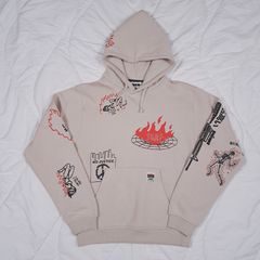 GRMY Beige Graphic Print Sudadera Capucha Grimey Back At You Streetwear Hoodie Size S