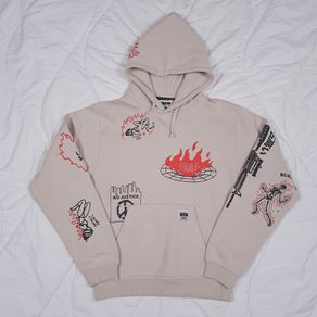 GRMY Beige Graphic Print Sudadera Capucha Grimey Back At You Streetwear Hoodie Size S