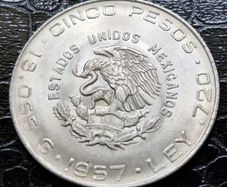 1957 Mexico Hidalgo Silver 5 Pesos coin