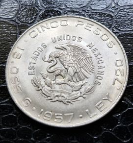 1957 Mexico Hidalgo Silver 5 Pesos coin