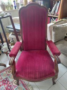 Antique French armchair crimson red striped velvet upholstery