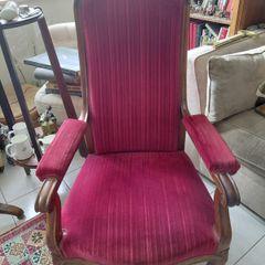 Antique French armchair crimson red striped velvet upholstery