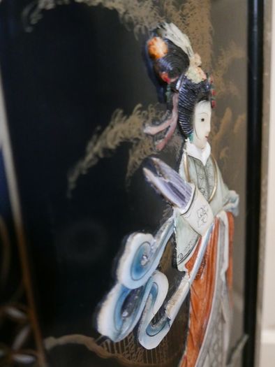 Vintage large Japanese Mother of Pearl Wall Panel / Black Lacquer Geisha Warrior & Floral ORIENTAL WALL ART