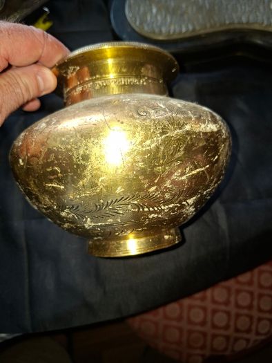 Antique Brass Lota Holy Water Pot, features intricate hand-etched foliage engravings, Postage Available or Collection