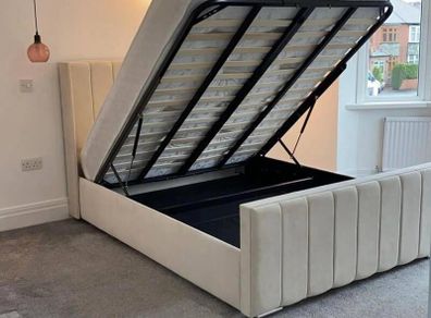 Ottoman Upholstered Bed, Double Bed with Hydraulic Lifting Bar, Height Adjustable Padded Headboard, Metal Slatted Frame, Youth Bed, Adult Bed