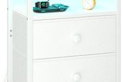 Bedside Table with Charging Station, Side Table with LED Light, Nightstand with 2 Fabric Drawers and Open Storage Shelf, Small Bedside Cabinet for Living Room, Bedroom, White