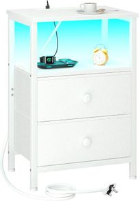 Bedside Table with Charging Station, Side Table with LED Light, Nightstand with 2 Fabric Drawers and Open Storage Shelf, Small Bedside Cabinet for Living Room, Bedroom, White