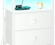 Bedside Table with Charging Station, Side Table with LED Light, Nightstand with 2 Fabric Drawers and Open Storage Shelf, Small Bedside Cabinet for Living Room, Bedroom, White