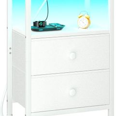 Bedside Table with Charging Station, Side Table with LED Light, Nightstand with 2 Fabric Drawers and Open Storage Shelf, Small Bedside Cabinet for Living Room, Bedroom, White