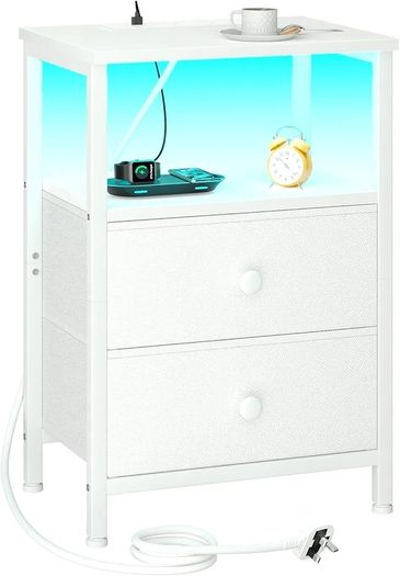 Bedside Table with Charging Station, Side Table with LED Light, Nightstand with 2 Fabric Drawers and Open Storage Shelf, Small Bedside Cabinet for Living Room, Bedroom, White