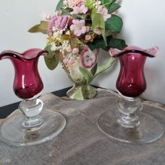 Vintage Royal Scot Cranberry Glass Candle  Holders