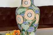 Large Vintage Sunflower Floor Vase Stone Ware Floral Umbrella Stand