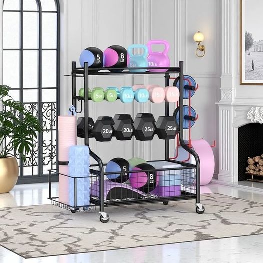 Dumbbell Rack Stand, Multifunctional Weight Rack for Dumbbells, Yoga Mat, Fascia Roller, Kettlebell and Yoga Block, Powder-Coated Steel Dumbbell Stand with Wheels and Hooks