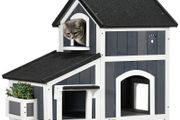 Wooden Cat House 2-Floor Outdoor Kitten Shelter with Window Grey