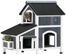Wooden Cat House 2-Floor Outdoor Kitten Shelter with Window Grey