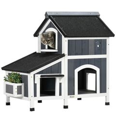 Wooden Cat House 2-Floor Outdoor Kitten Shelter with Window Grey