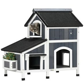 Wooden Cat House 2-Floor Outdoor Kitten Shelter with Window Grey