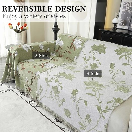AB Sided Sofa Cover for 3 Seater Soft Non Slip Slipcover with Tassel, All Season Washable Couch Protector for Dogs, Decorative Futon  L Shaped Sofa Cover Green