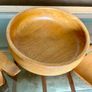 Mid Century Honey Teak Turned Medium Salad Bowl and Servers by Retos Shannon Image 4