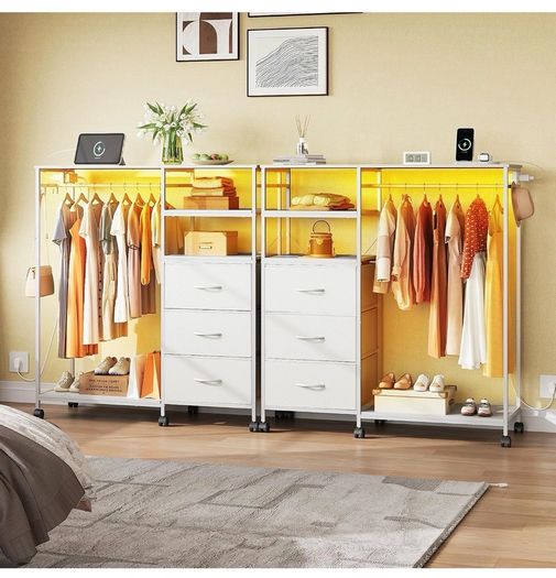 White Chest of Drawers with LED & Charger, Fabric Open Wardrobe 3 Large Drawers & Reversible Coat Hanging Rod &3 Open Shelves & Side Hooks, Lockable Wheels, Height-adjustable Base Shelf