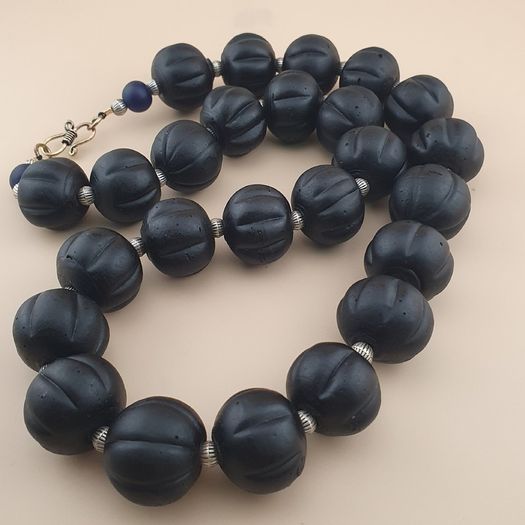 Antique African Style Dark Black Melon Shape Glass Beads Necklace